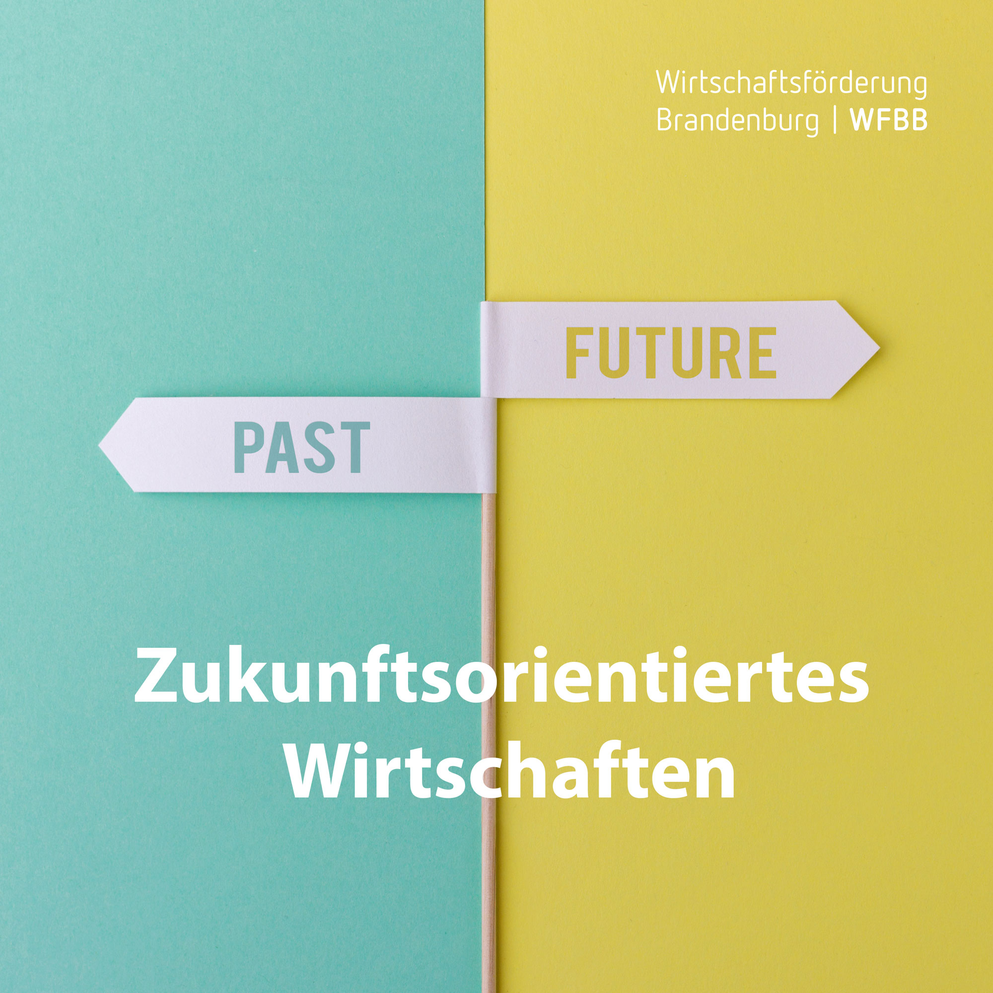 Illustration türkis-gelber Hintergrund mit weißen Fähnchen beschriftet mit Past Future