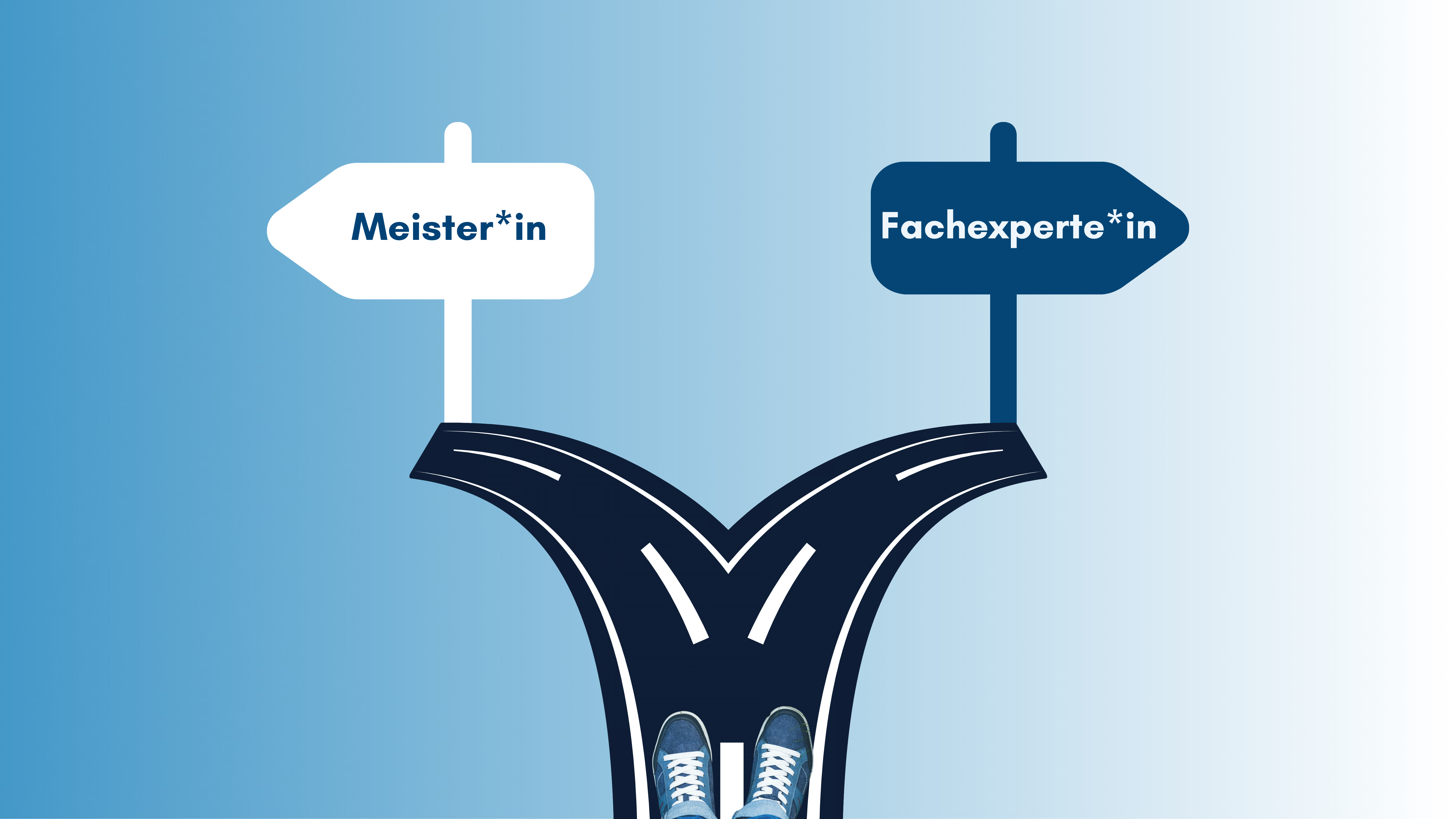 Zwei Karrierewege mit geteilter Straße und Schildern links und rechts