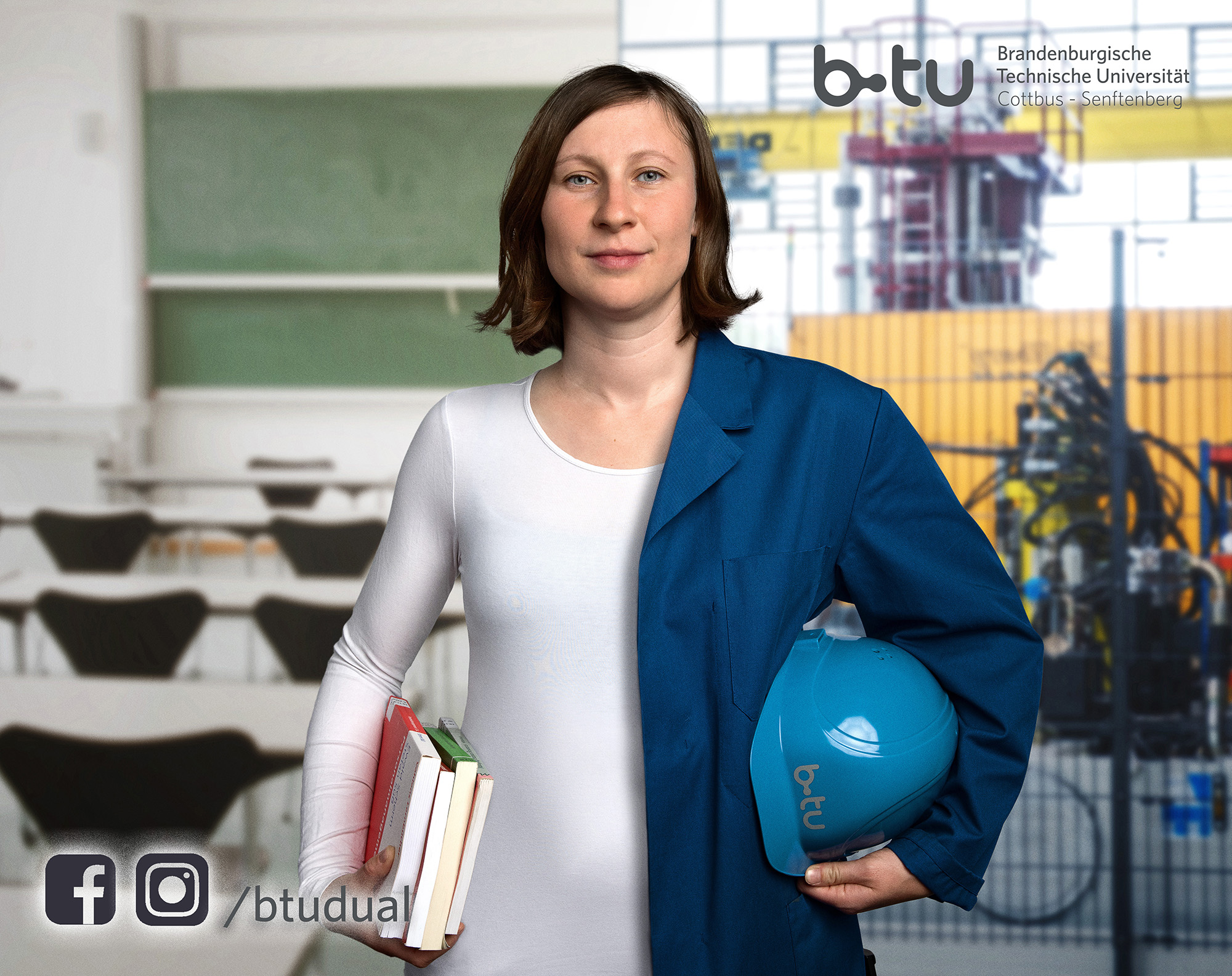 Frau im geteilten Outfit zu Studium und Blaumann mit Helm